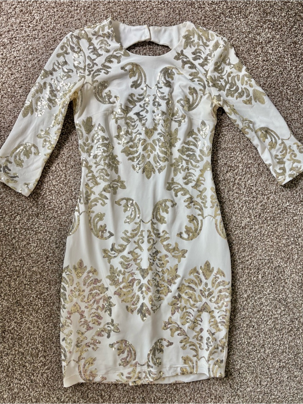 Elegant White Dress with Gold Sequin Damask Detailing